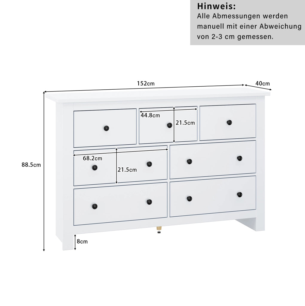 Credenza con 7 cassetti in stile classico francese; 152 cm; in pannello truciolare bianco