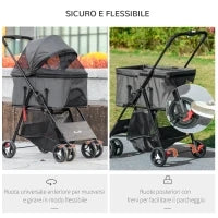 Passeggino per Cani 3 in 1 Convertibile in Borsa e Trasportino con Guinzaglio e Cuscino, Grigio