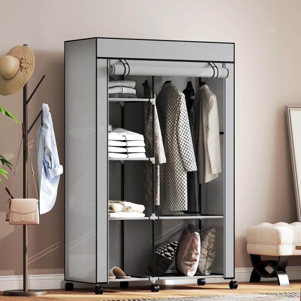 Armadio portatile con ruote e ripiani ¨C Zephmum ¨C Grigio 103x43x162,5 cm