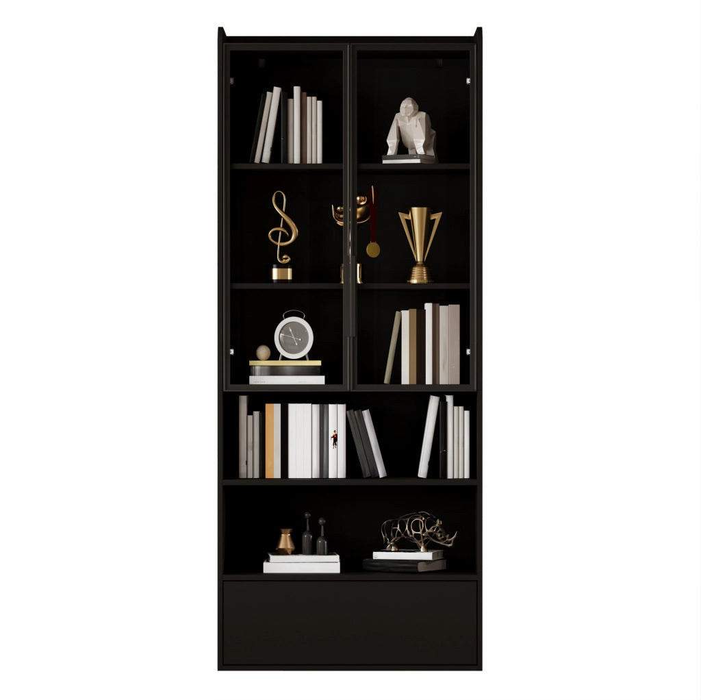 Vetrina alta 80 x 34 x 180 cm con LED; 1 cassetto; ante in vetro; nero