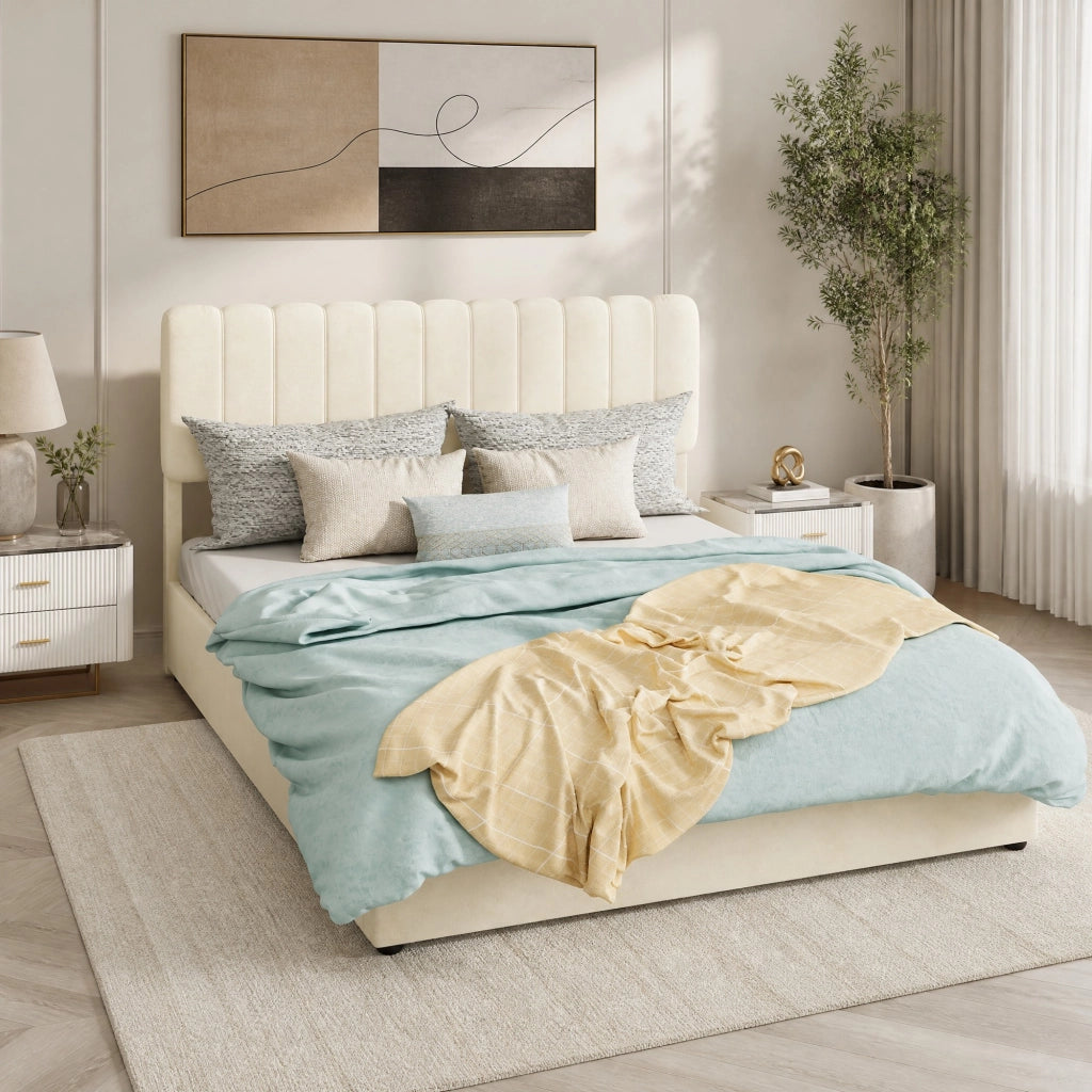 Letto moderno per materasso 140 × 200 cm in tessuto beige; struttura per camera da letto