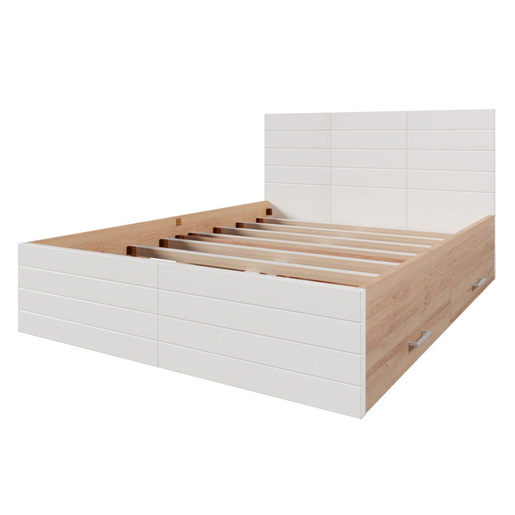 Letto matrimoniale ULEVR 180x200 cm con 2 cassetti intercambiabili e rete a doghe, bianco e rovere chiaro