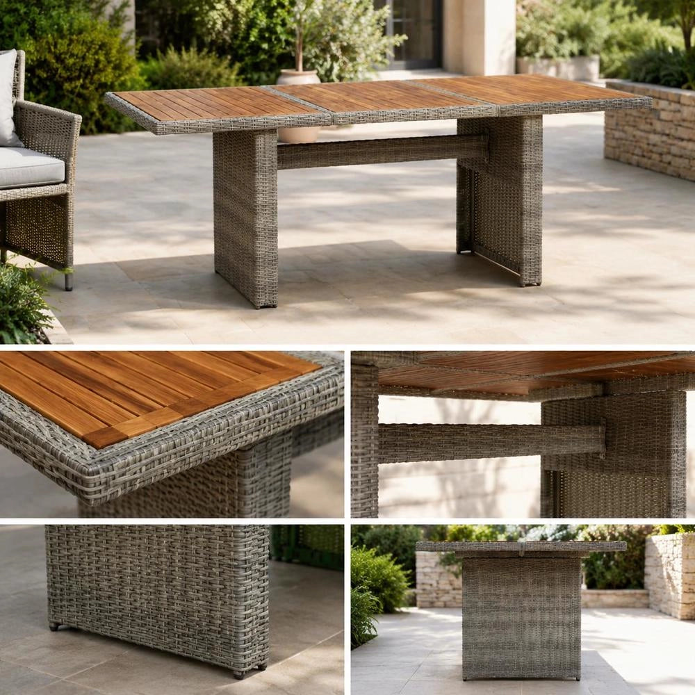 Garden Table Light Grey Poly Rattan And Acacia Solid Wood