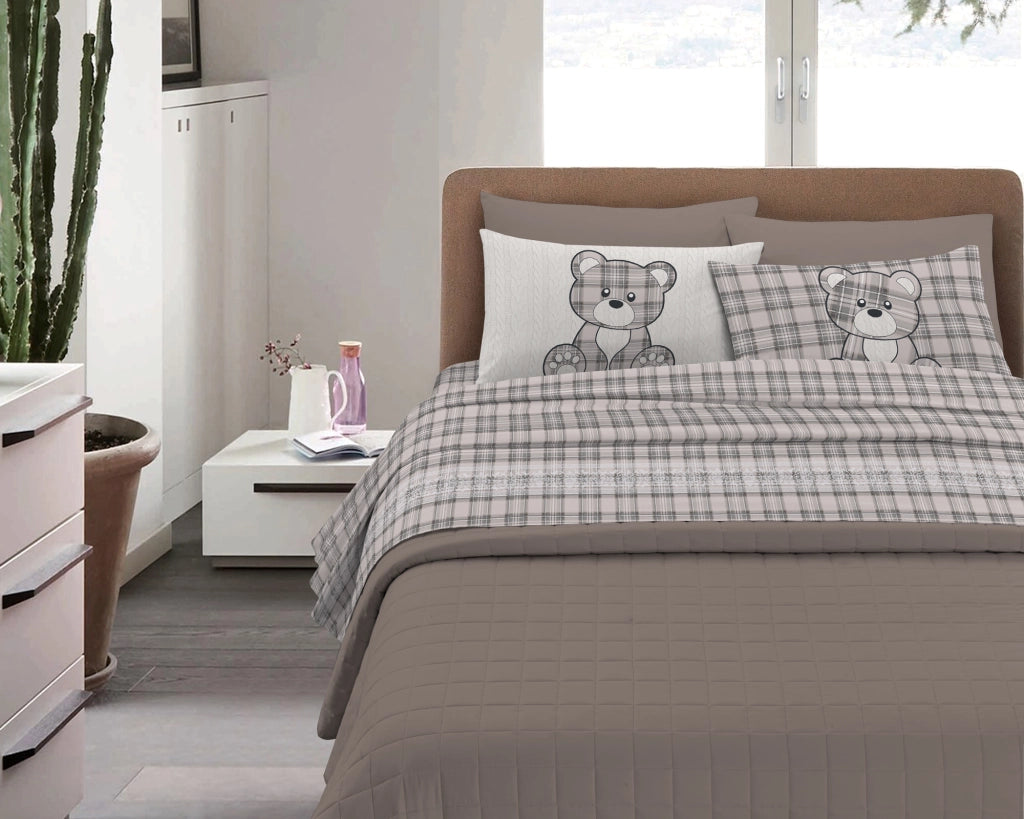 Completo Letto in Flanella Calda e Morbida Anti Pilling - Set Flanellato 3 Misure parure con Federe - Orsetto Tartan Grigio - 1 Piazza