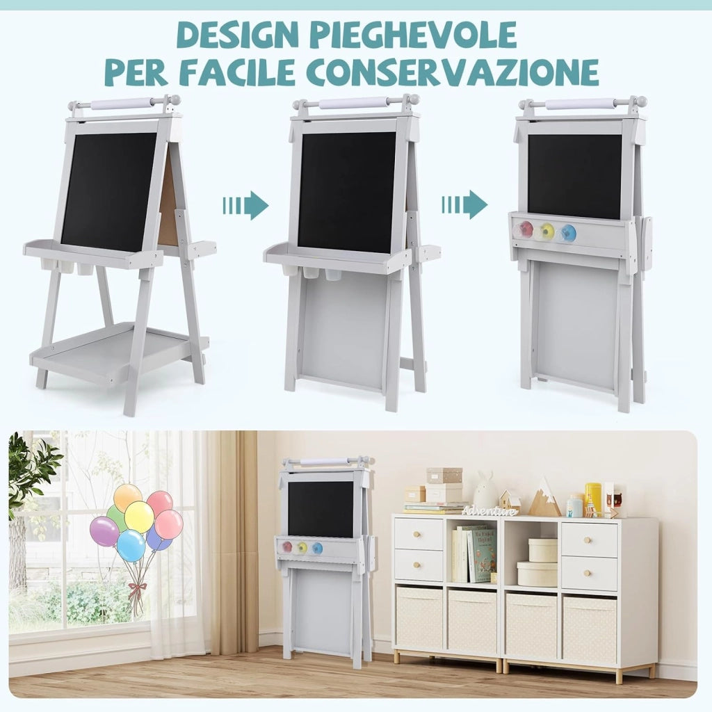 Lavagna per Bambini 3 in 1, Lavagna Magnetica con Lavagna Bifacciale, Rotolo di Carta, Vassoi Portaoggetti e 3 Bicchieri per Pittura, Cavalletto in Legno per Bambini 3+ Anni (Grigio)
