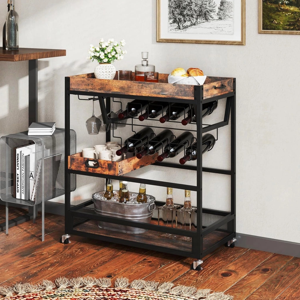 Carrello di servizio a 3 livelli, carrello da cucina con armadietto per vino, porta bicchieri, vassoio rimovibile, struttura in metallo, carrello portaoggetti a 3 livelli, per sala da pranzo