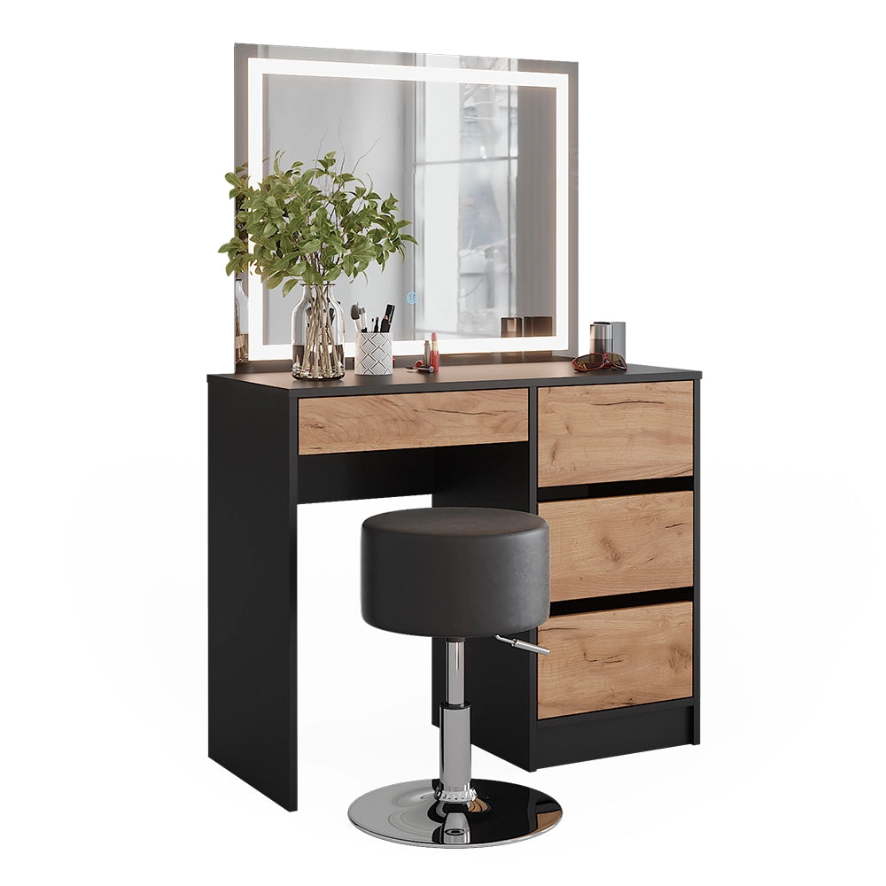 Vicco Tavolino da toilette Antracite/quercia dorata 90 x 75 cm con specchio LED e sgabello