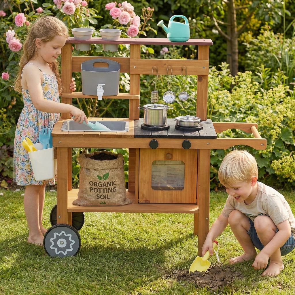 Cucina Giocattolo Esterna per Bambini ¨C zephmum ¨C Legno, Marrone con Rubinetto e Ruote