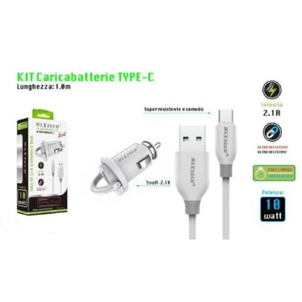 Trade Shop - Kit Caricabatteria Auto 5v-2.1a Cavo Type-c Usb 1mt Ricarica 10w Maxtech Ma-tc02 -