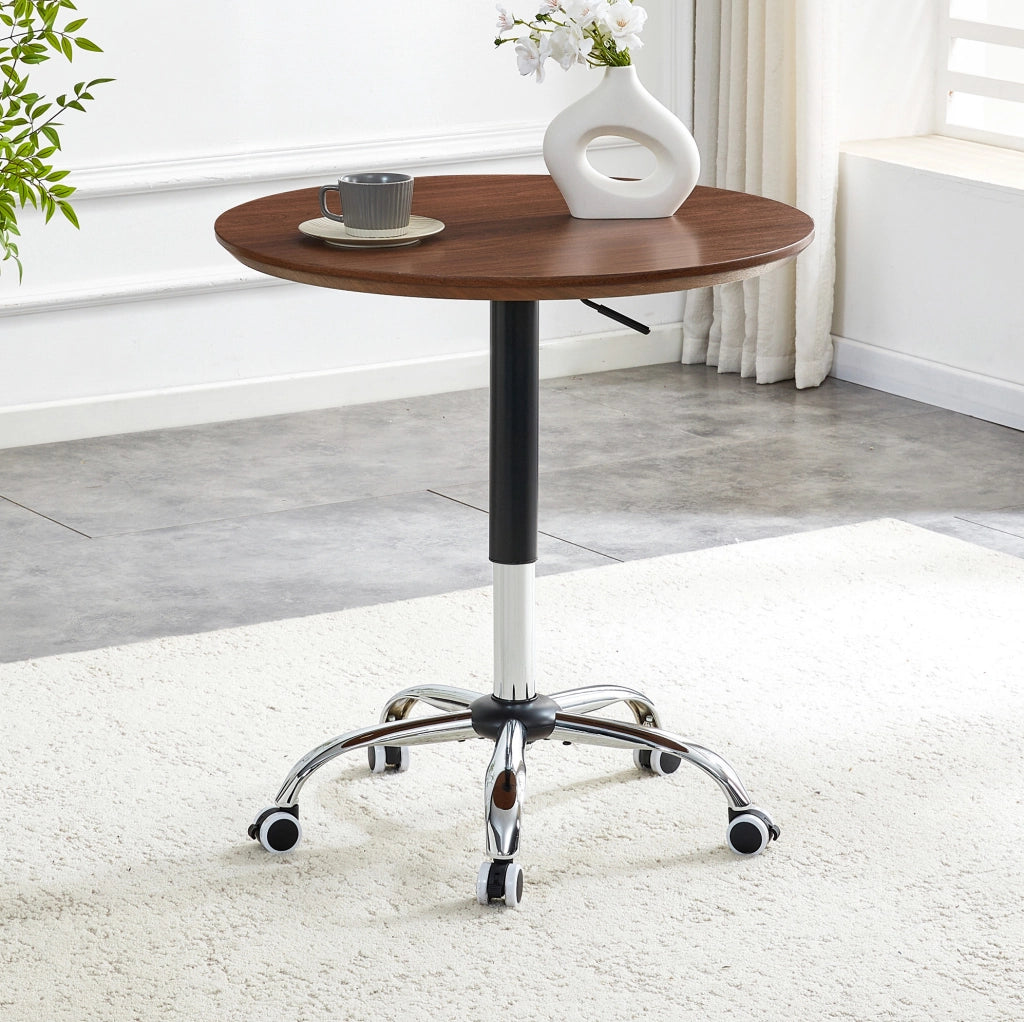Tavolo rotondo regolabile in altezza con ruote; ? 70 cm; MDF e metallo; noce