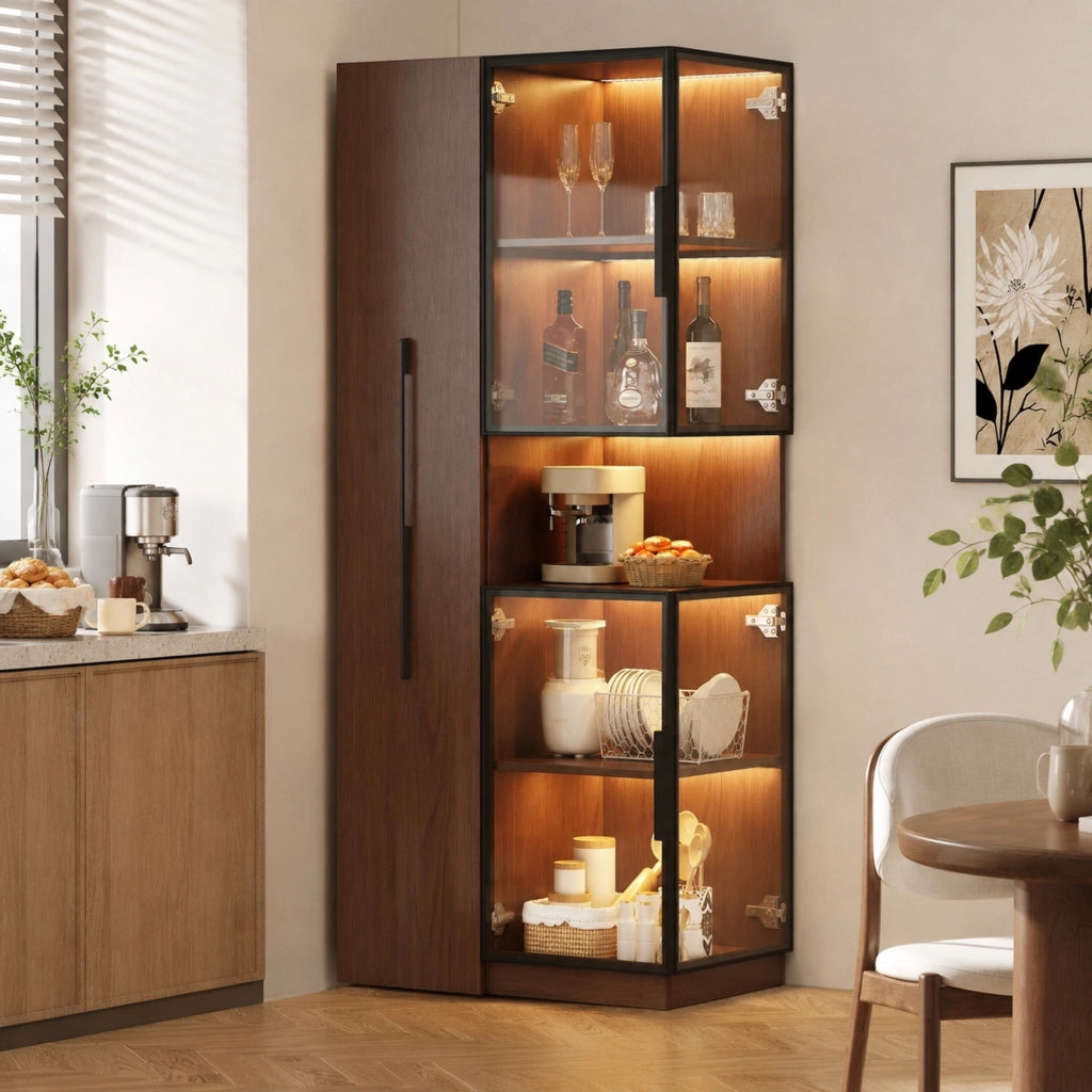 Vetrina con ripiani estraibili e LED 70x38x160 cm in MDF e vetro; marrone noce