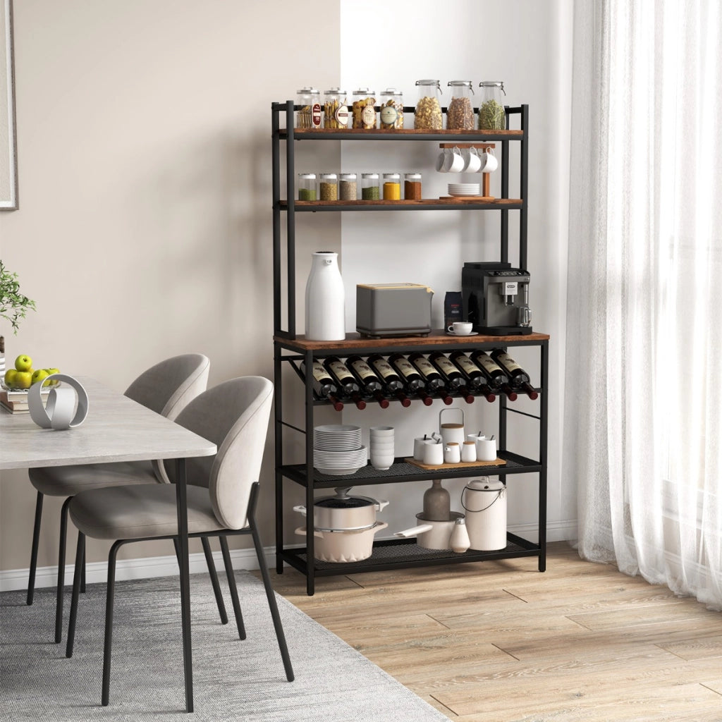 Scaffale da cucina a 6 ripiani con portabottiglie 2 ripiani in rete-Scaffale porta microonde alto Marrone rustico