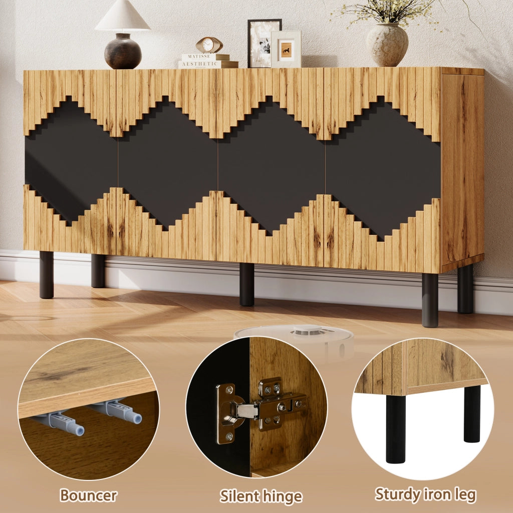 Credenza a 4 ante con apertura push open, scomparti chiusi, MDF e truciolare, legno e nero 140 × 40 × 70 cm