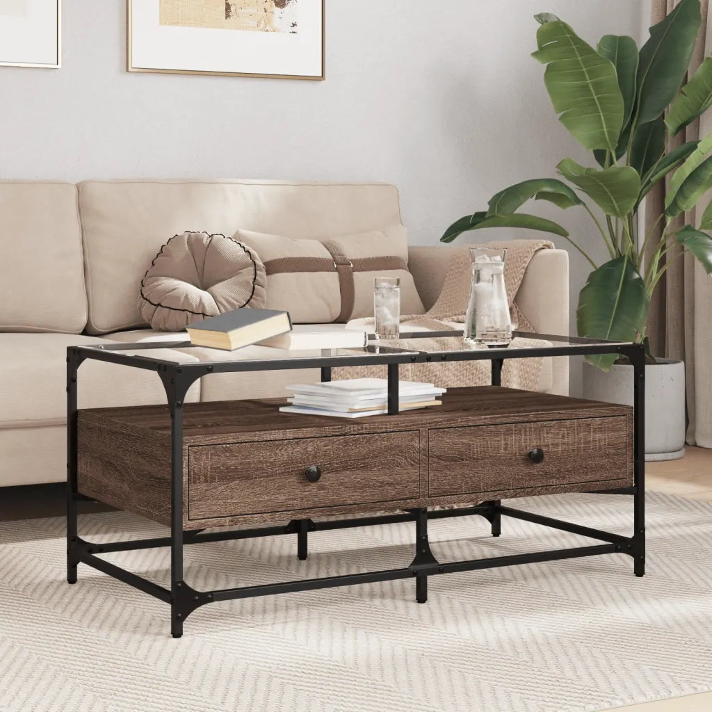 Tavolino da salotto | Tavolino da caff¨¨ | Tavolino da Soggiorno con Piano in Vetro Rovere Marrone 98,5x50x45cm Acciaio