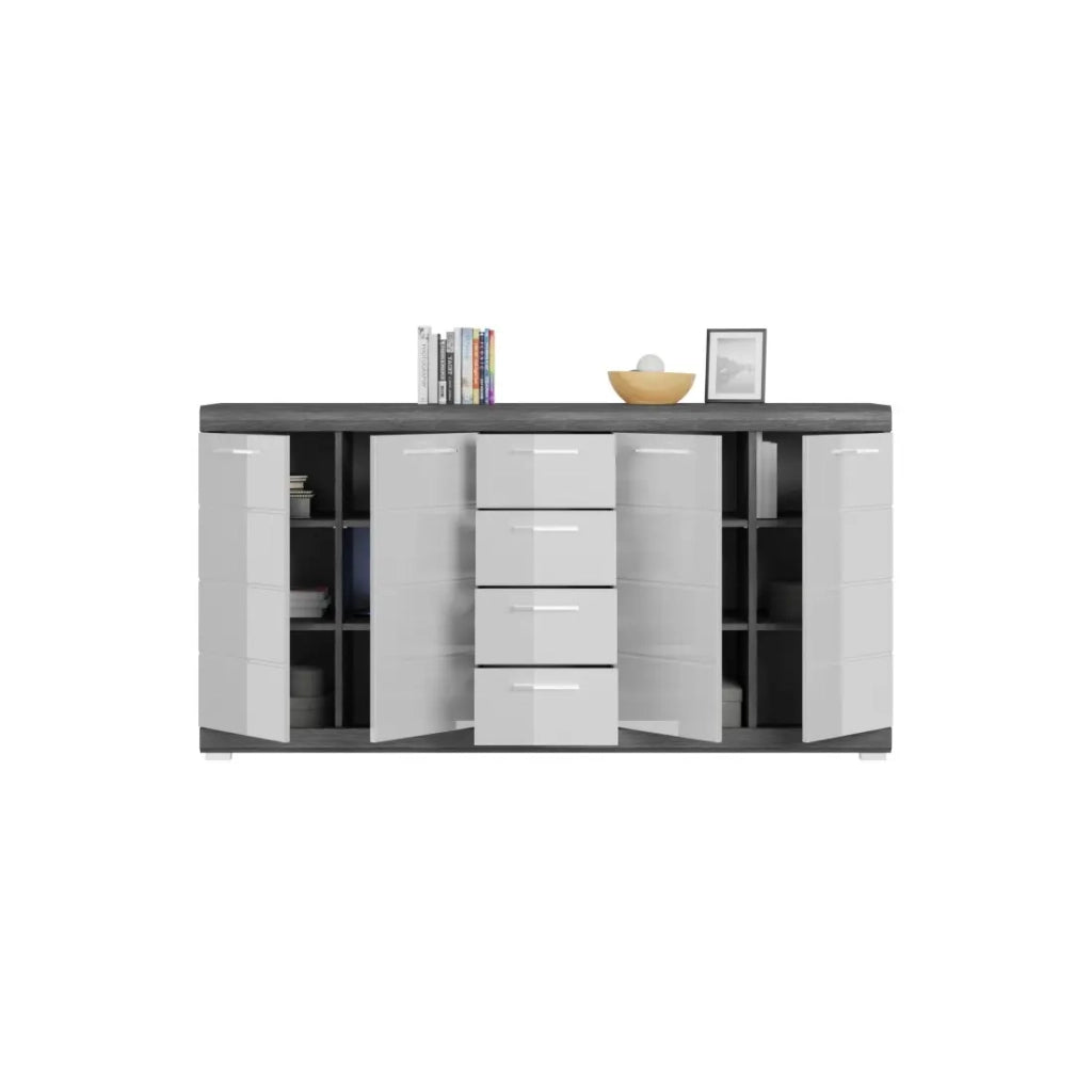 Buffet SCOTT – 4 porte e 4 cassetti – Grigio scuro e bianco – 165x85x37 cm