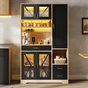 Buffet cucina con LED APP; prese e porte in vetro temperato 105x40x185 cm; MDF; nero/naturale