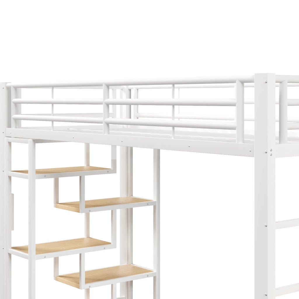 Letto a soppalco 90x200 cm con spazio libero sottostante; LED; ripiano; gradini integrati e parapetto; metallo bianco