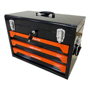 Mobile contenitore in acciaio con 3 cassetti e piano d'appoggio per officina; nero e arancione; 50×27×35 cm