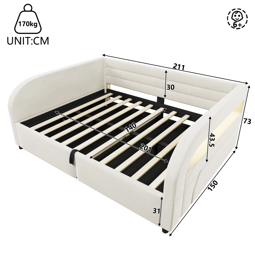 Letto Contenitore 140x200 cm con Rialzo Idraulico e Luce a LED; Beige