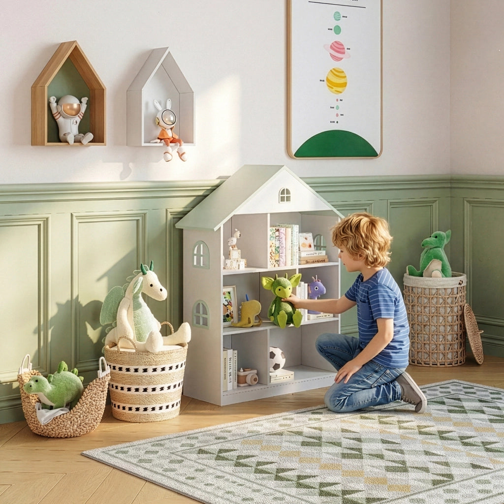 Libreria Vipsali per Cameretta a Forma di Casa 107 x 83 x 30 cm - Bianco / Menta Verde [en.casa]