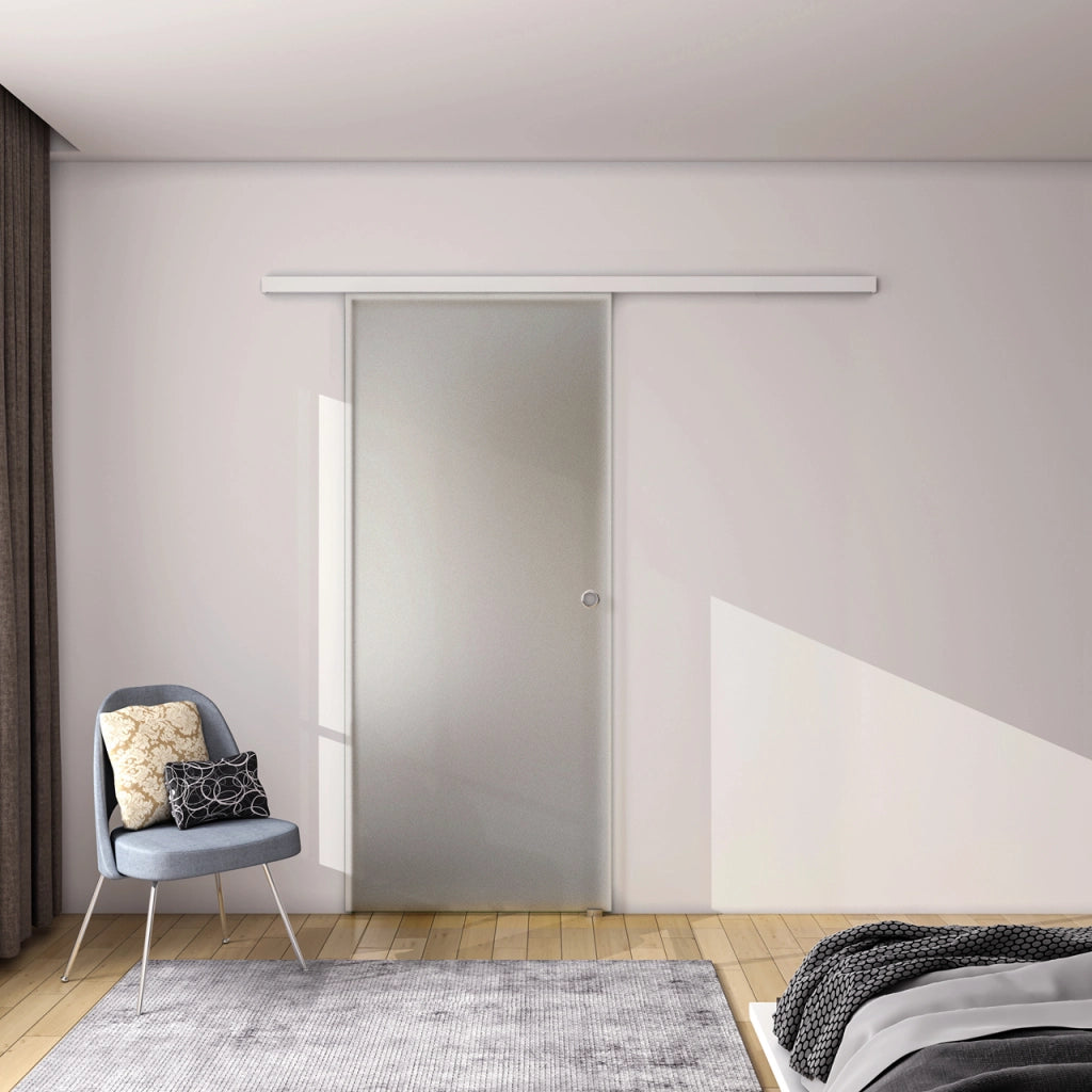90x225 cm Porta Scorrevole in Vetro da 8 mm Temperato Opaco con Pellicola Anti-frantumi con Binario in Alluminio Bianco Verniciato