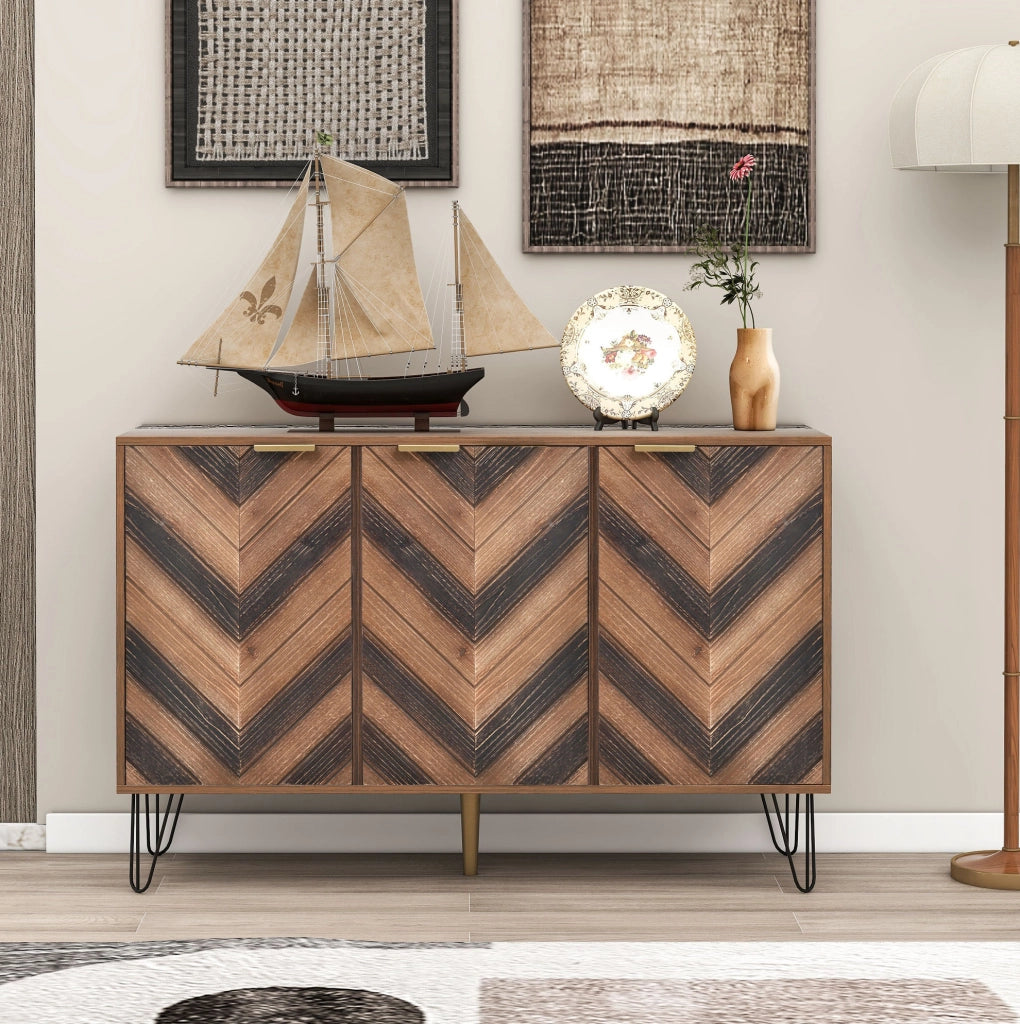 Credenza a 3 ante con ripiani interni; 120 x 38 x 76;5 cm; truciolare; effetto legno naturale e nero