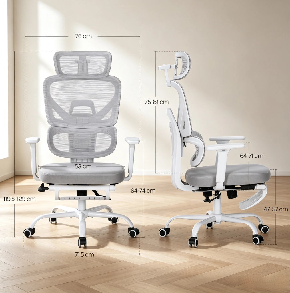 Sedia da ufficio ergonomica grigia con poggiapiedi e rete