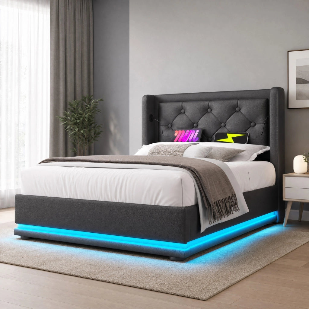 LETTO contenitore 90x200 cm PU nero con USB Type-C e LED a 3 lati