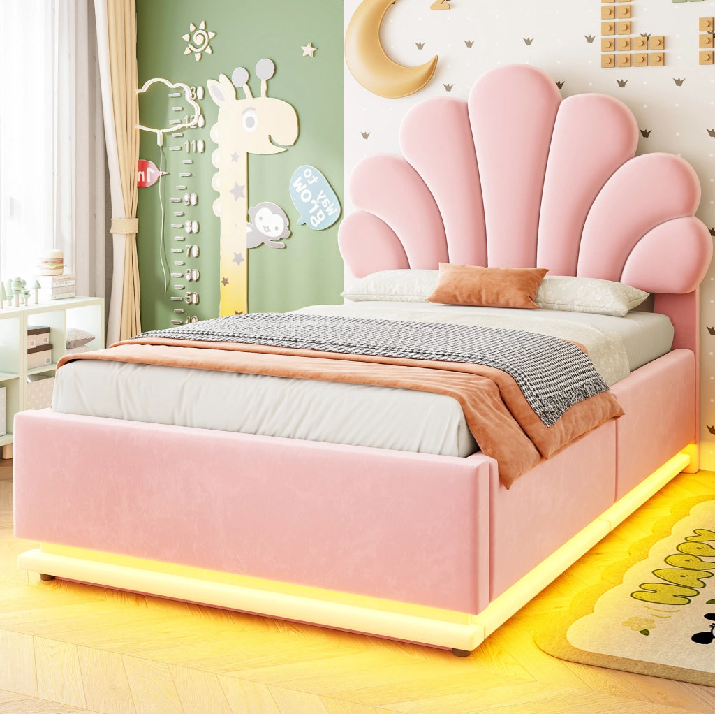 Letto imbottito 90x200 cm con contenitore, LED e testiera floreale
