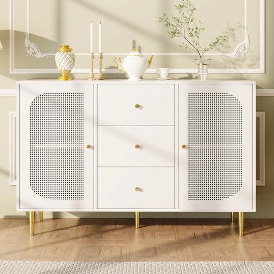 Cassettone a muro, bianco, porte in rattan, armadio con ante, cassettone a muro indipendente in legno, 120 x 40 x 90 cm