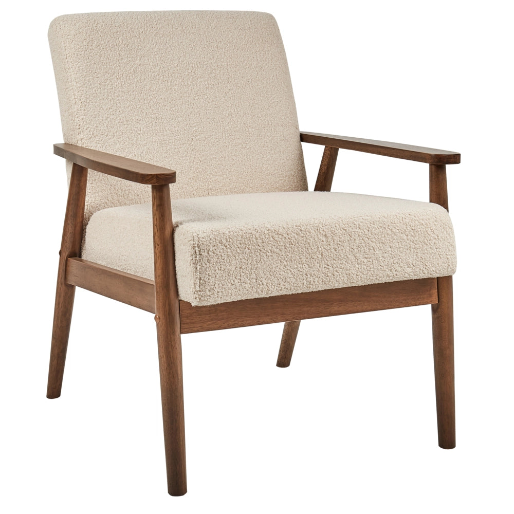 Poltrona da salotto con rivestimento in tessuto boucle beige con struttura in legno stile retrò