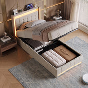 Letto singolo 90x200 cm con contenitore e LED  struttura letto con testiera e USB  letto contenitore in acciaio-beige