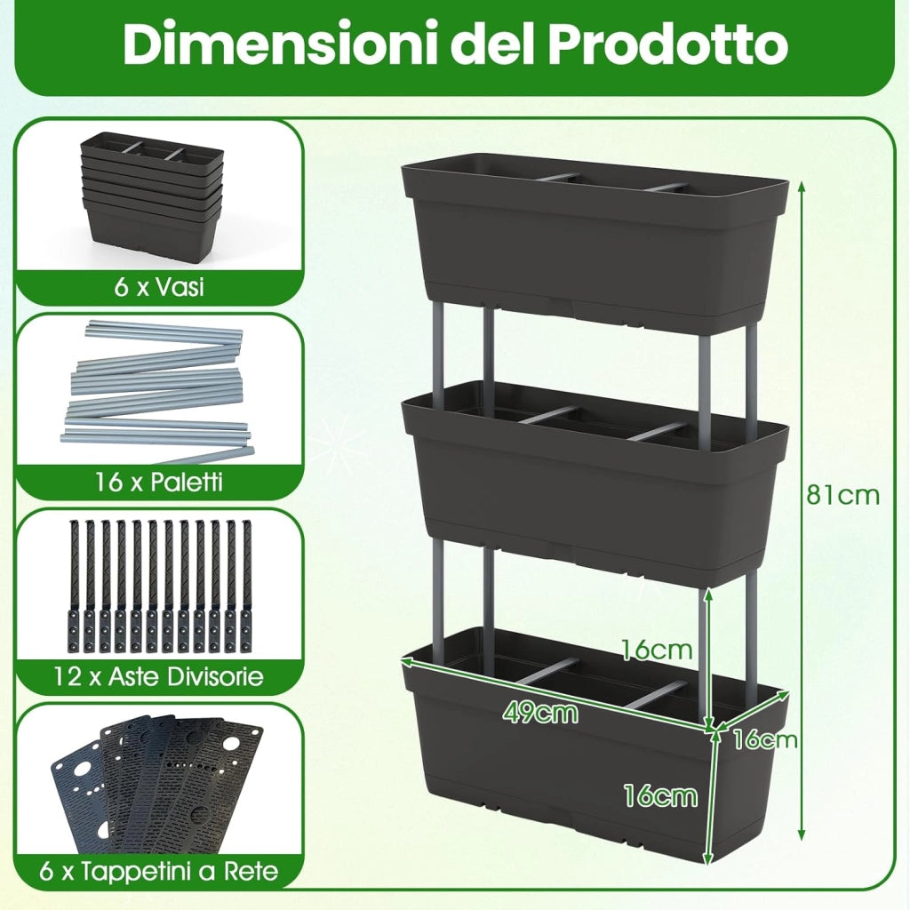 Letto Verticale Rialzato, 6 PZ Fioriere da Giardino per Verdure, Erbe e Fiori, Fioriere Elevate per Interni ed Esterni per Patio, Giardino e Balcone (Nero)