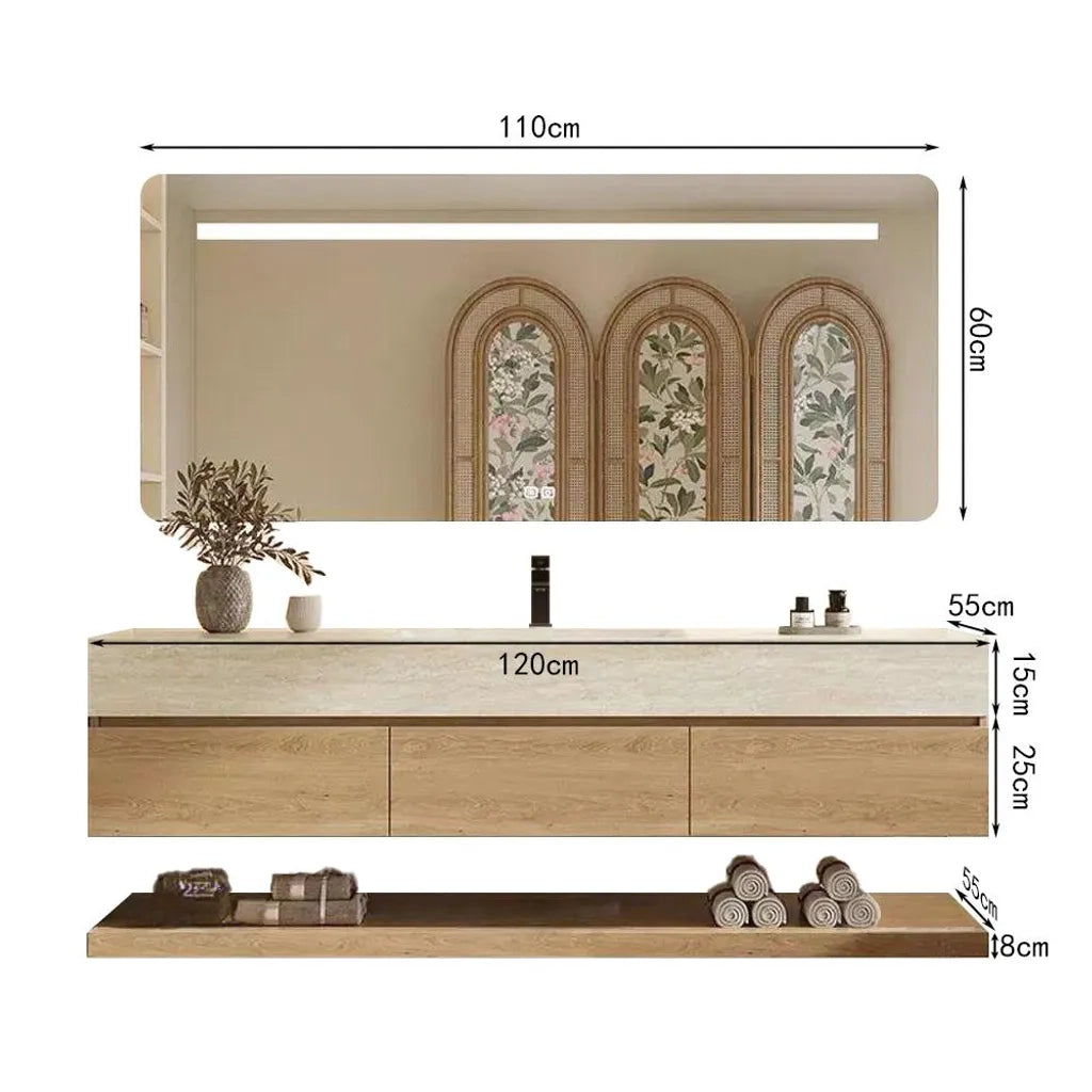 Set mobile bagno sospeso effetto travertino con lavabo in pietra sinterizzata e specchio foro per rubinetto 120×55 cm