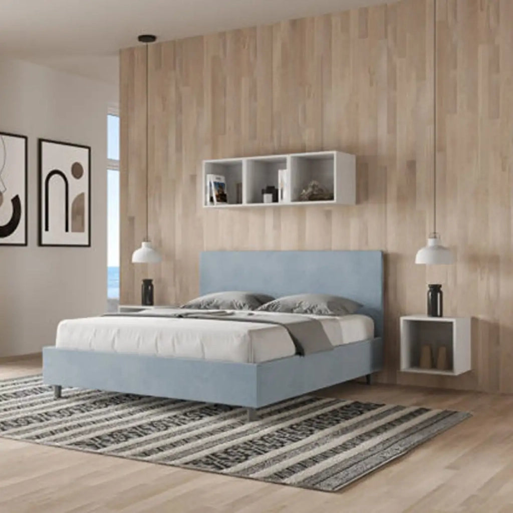 Letto matrimoniale senza rete imbottito 160x190 microfibra azzurro Adele