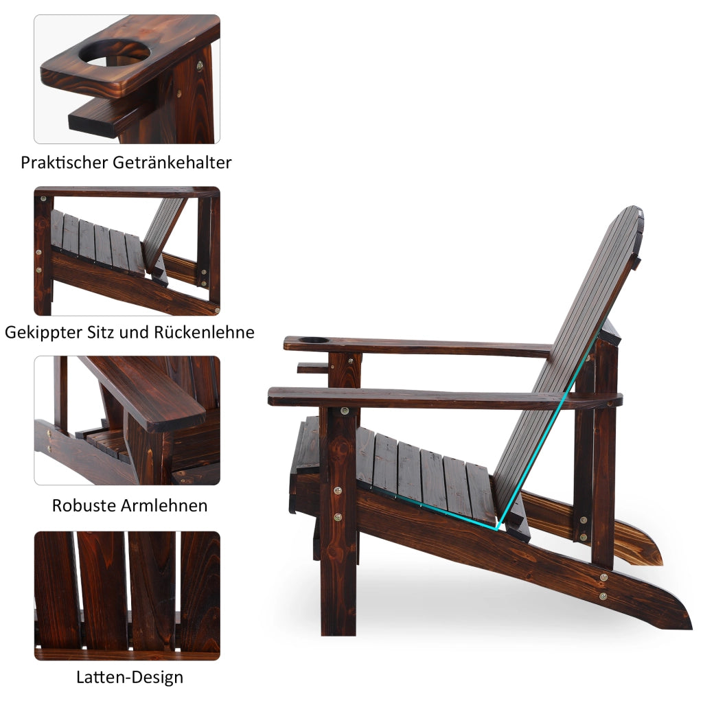 Poltrona Adirondack in legno carbonizzato con portabicchieri; 72 x 95 x 93 cm; poltrona da balcone resistente