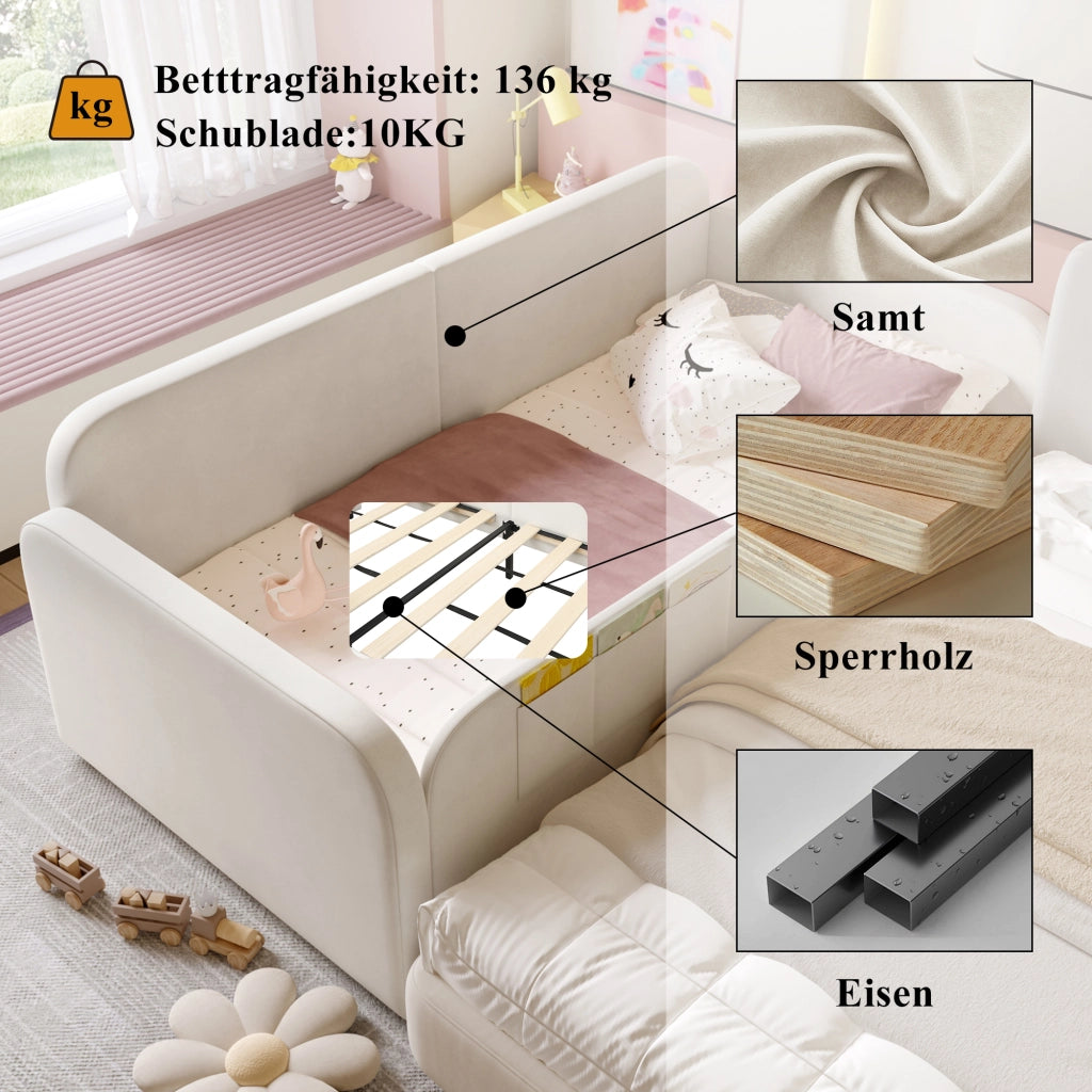 Letto a Divanetto 90x200 cm; Letto Singolo - 2 Cassetti e 3 Tasche - Velluto Bianco