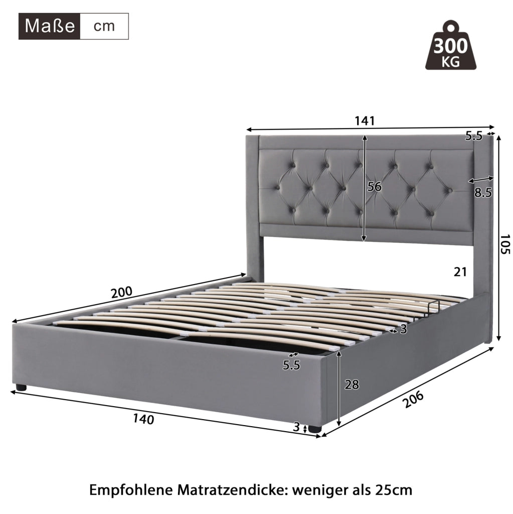 Letto imbottito 140x200 cm con contenitore laterale grigio