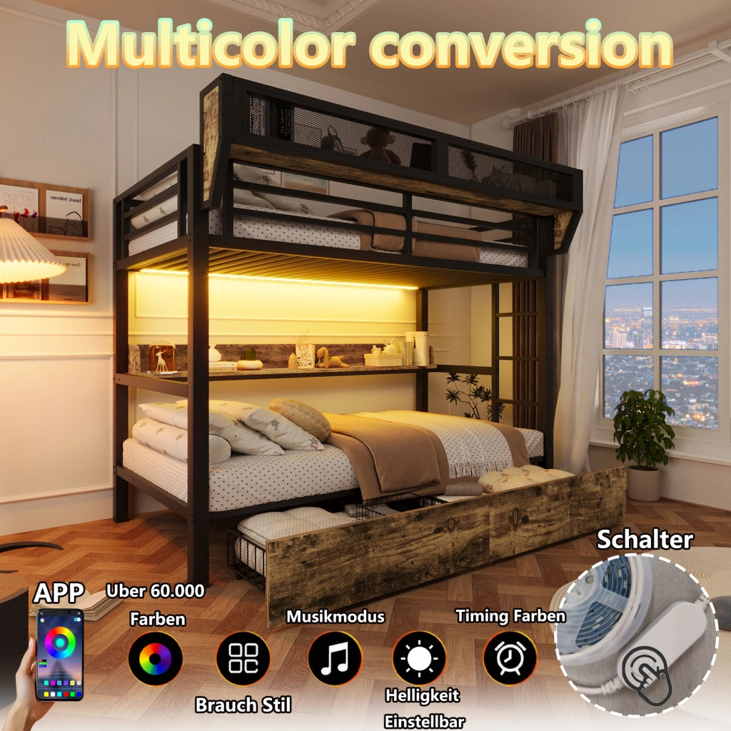 Letto a castello 90 × 200 cm con LED, 2 cassetti, ripiano et cestino, senza materasso, in metallo e MDF, nero