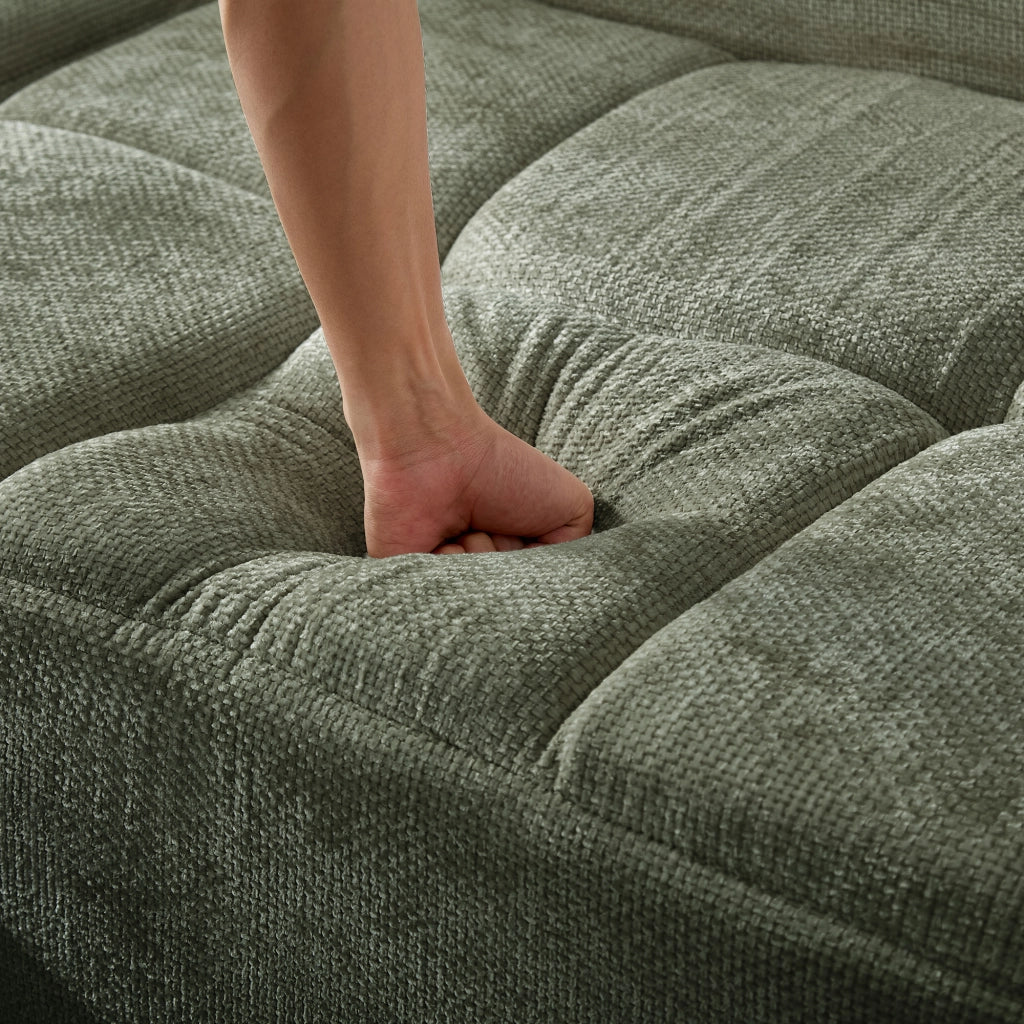 Divano angolare in chenille verde con seduta a molle e schiuma ad alta densità