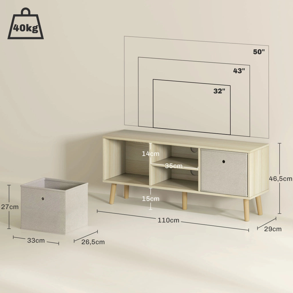 Mobile TV con 2 cassetti e ripiani aperti ¨C zephmum ¨C Legno e Beige 50 pollici