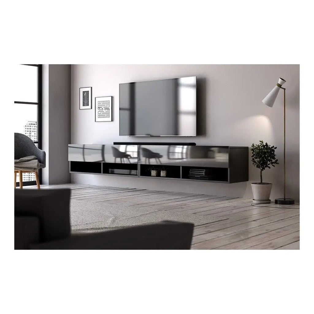 Mobile TV sospeso design CLUJ, 200 cm, 2 ante e 4 vani, colore nero e nero lucido.