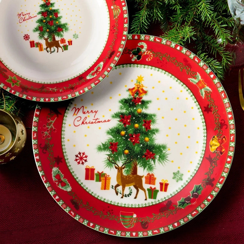 Trade Shop - Servizio Di Piatti Natalizio In Porcellana 18pz Decoro Albero Natale Renne Pacchi Regalo -