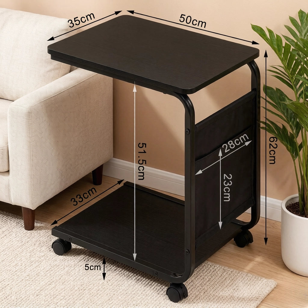 Tavolino basso con 2 ripiani, tasca laterale in tela e ruote, per soggiorno e camera da letto, nero, 50 × 62 × 35 cm