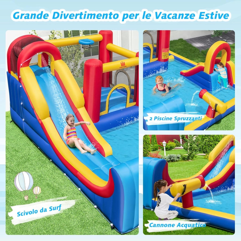 Castello Gonfiabile per Bambini, Parco Acquatico Gigante con Doppi Scivoli d'Acqua, 2 Piscine, Area Salto, Canestro e Parete da Arrampicata, 450 x 392 x 216 cm