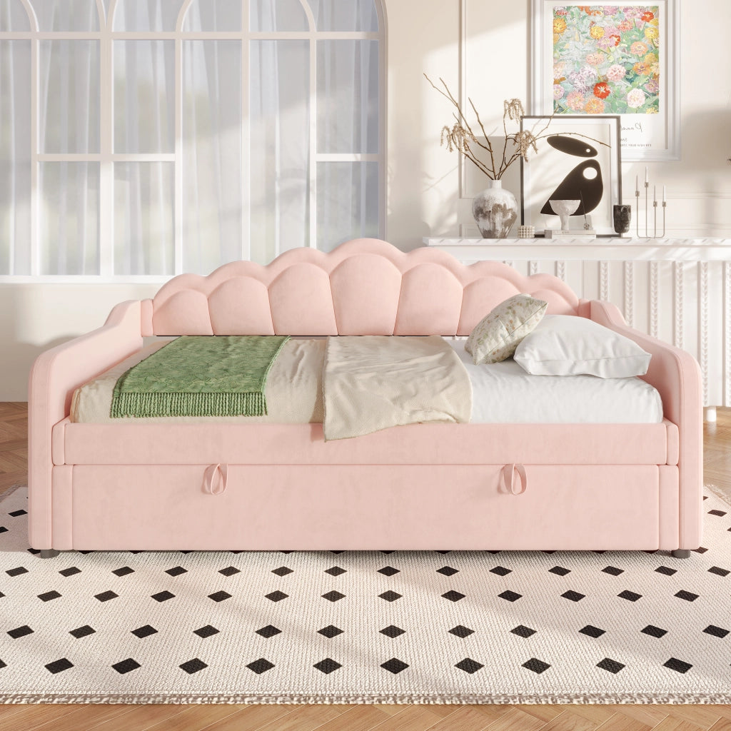 OKWISH Letto Divano 90×200 cm, Letto Singolo con Contenitore, LED Multicolore e Telecomando, senza Materasso, in Velluto, Rosa