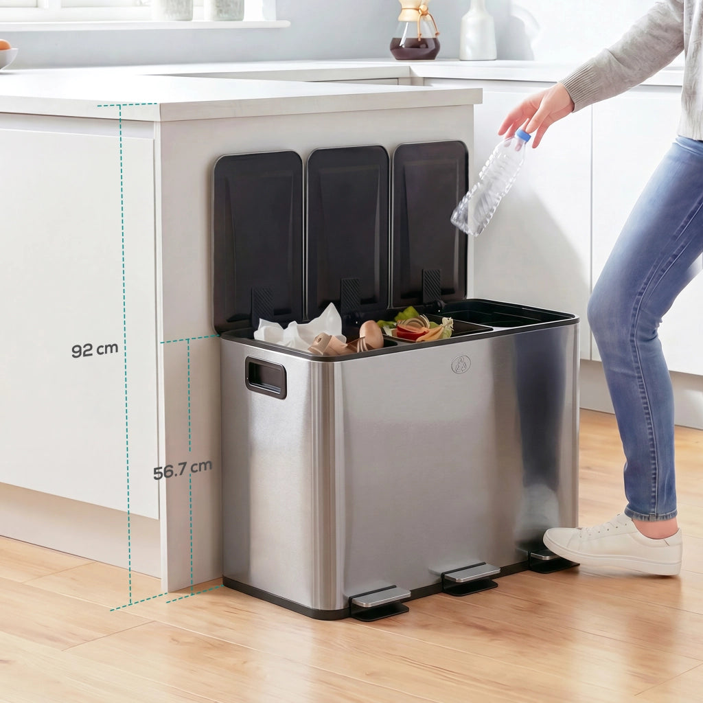 Pattumiera da cucina 3 scomparti ¨C Xylo ¨C 60L raccolta differenziata argento 61,9x36,6x56,7cm