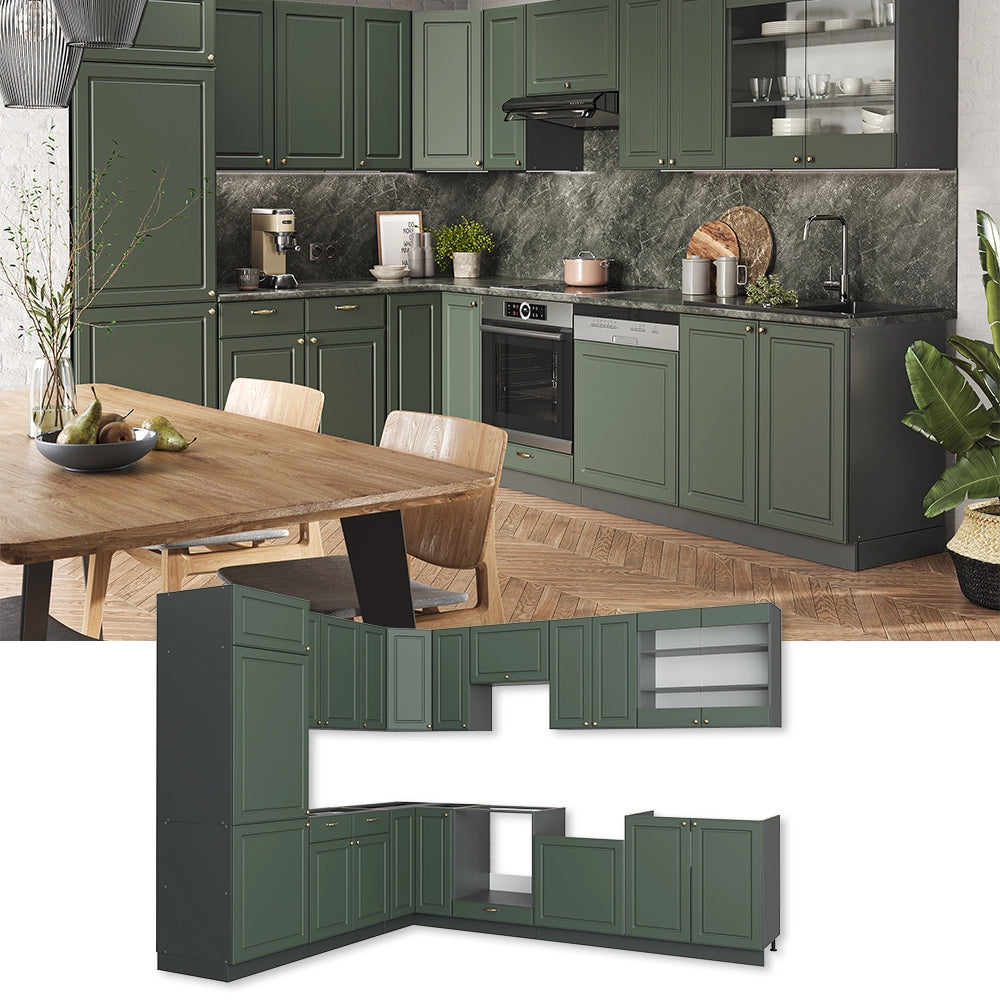 Cucina angolare completa Fame-Line Verde-oro rustico/Antracite 287 x 46 cm senza piano di lavoro Vicco