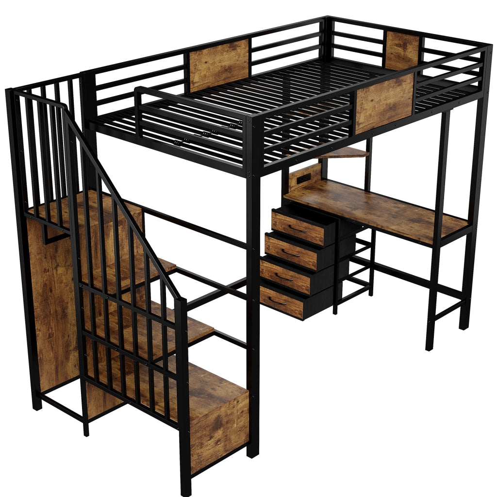 LETTO A SOPPALCO 90x200 cm Nero in Metallo con scrivania, LED e presa