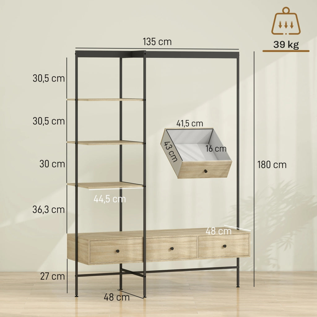 Guardaroba a colonna con scaffali, cassetti e appendiabiti ¨C zephmum ¨C quercia 180x45x180 cm